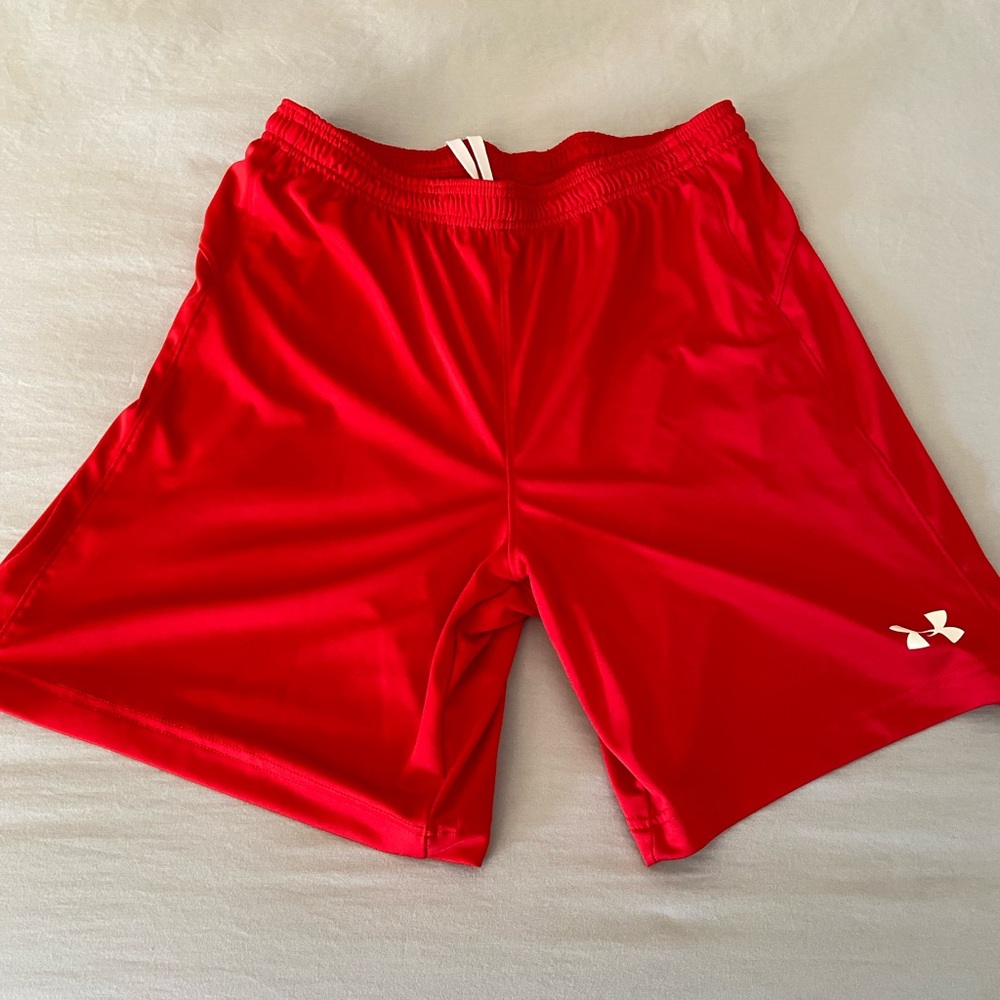 Under Armour bright red workout short, size L.